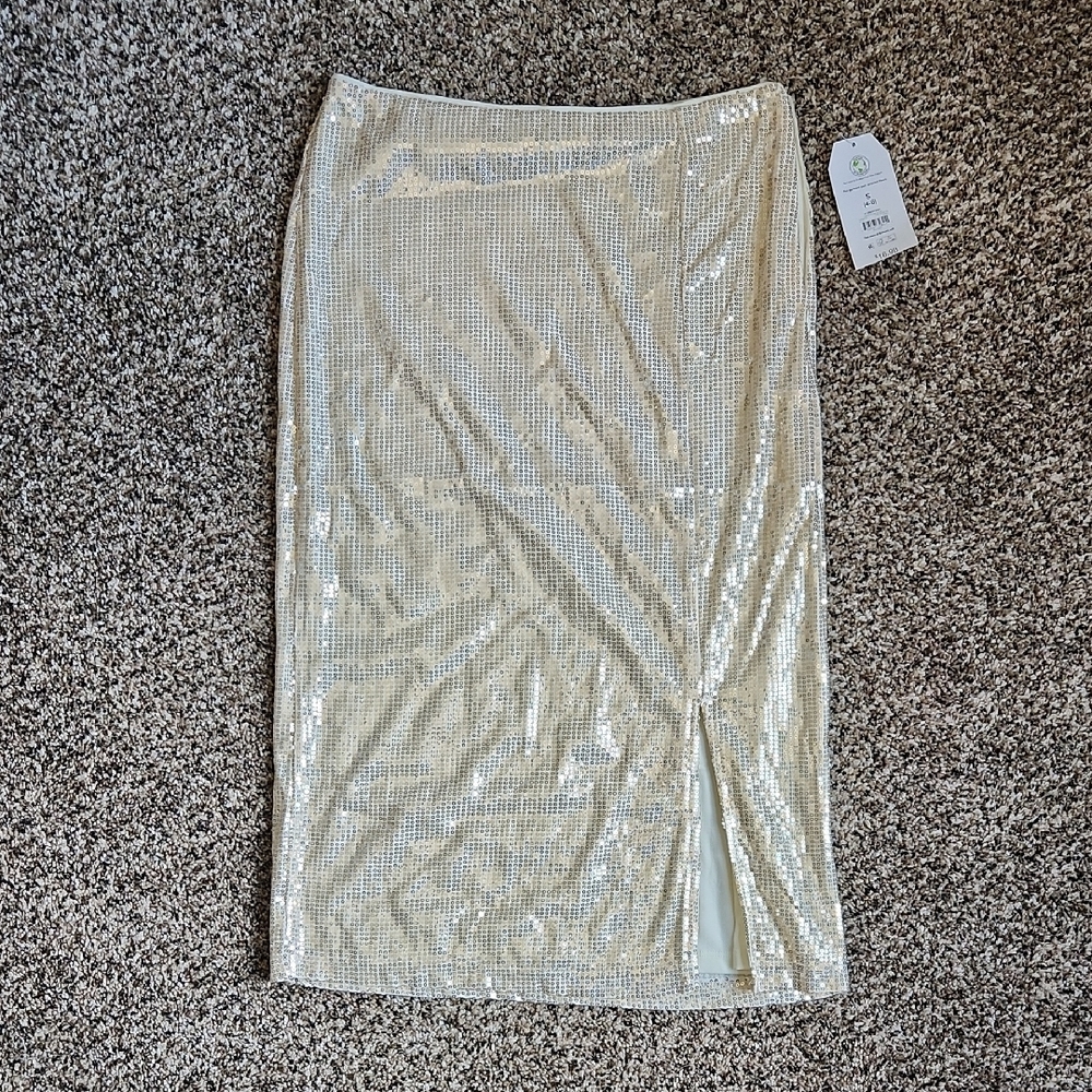 NWT White & Gold Sequin Midi Dress With Slit Small 4-6 Festive Holiday - Picture 2 of 6